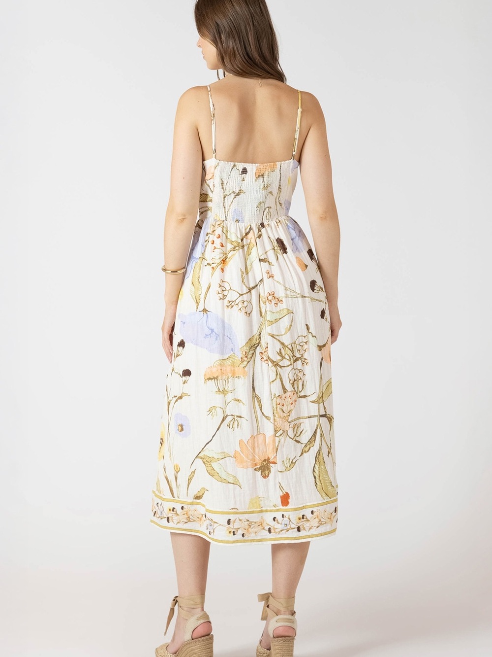 5. NWOT Floral Smocked Midi Dress in Cream with Pastel Blooms - Picture 4 of 5